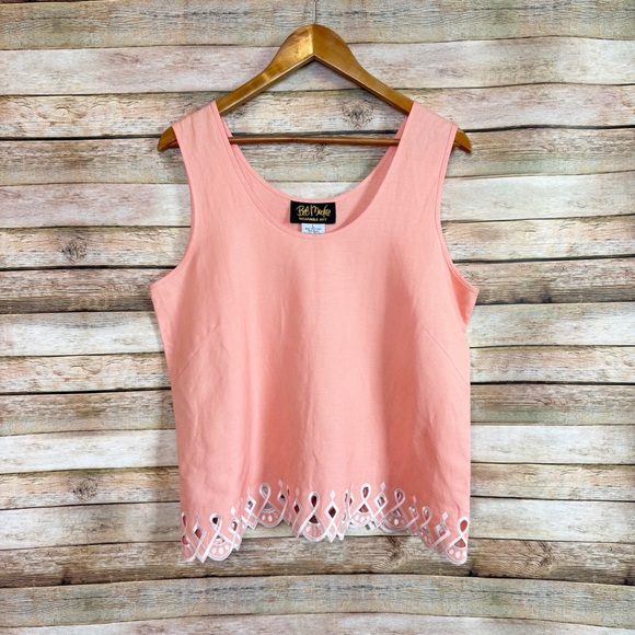Bob Mackie Tops - Bob Mackie Orange Coroal Embroidered Scalloped Hem Linen Blend Shell Tank Top L